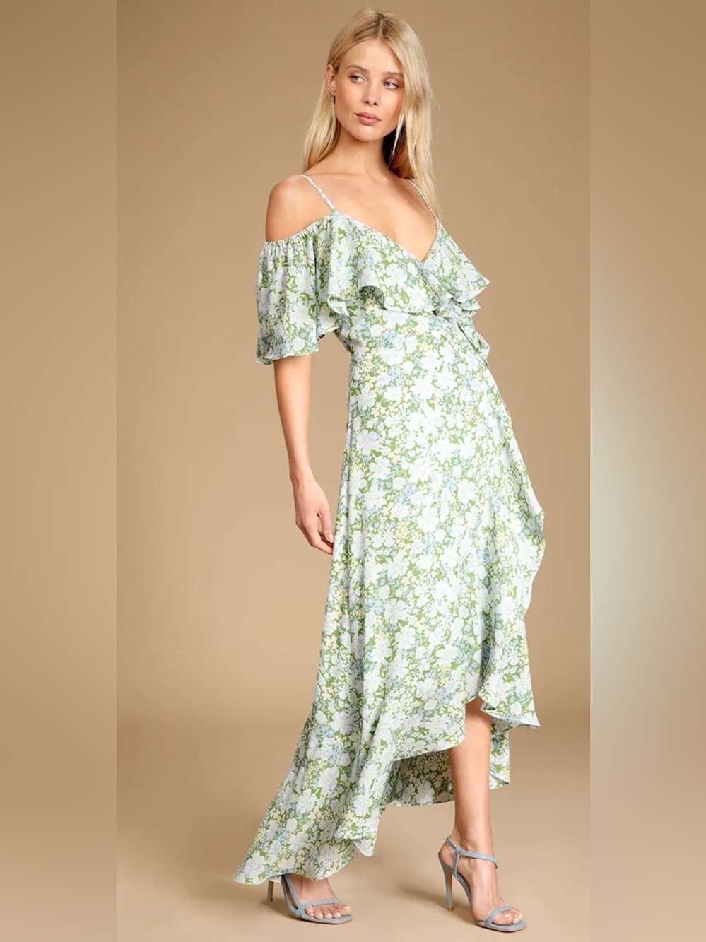 NWT Lulu’s Rite to Spring Green Floral Print Cold Shoulder Wrap Dress | Large